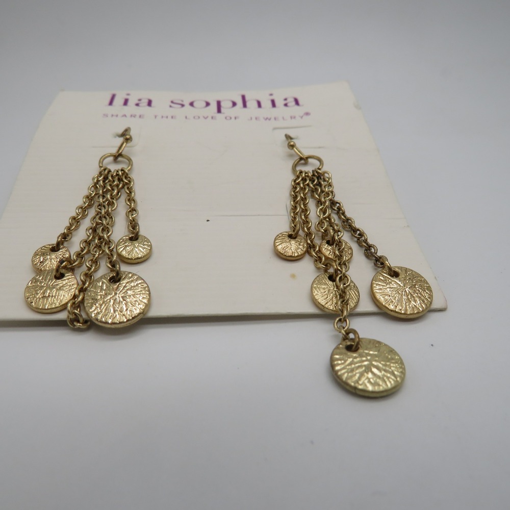Lia Sophia Gold Tone Tiered Chain Chandelier Earrings Textured Disc Charms